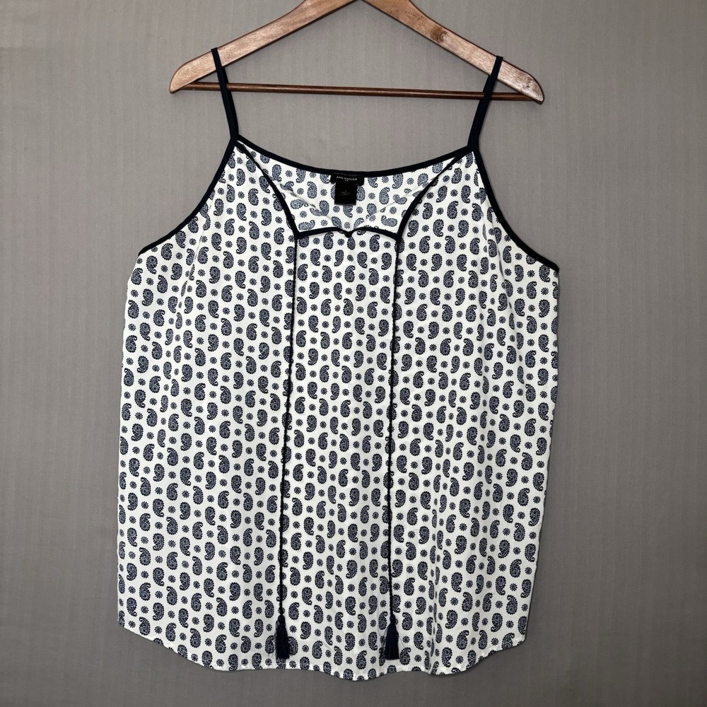 Ann Taylor Camisole Tank Top Womens L Blue White Paisley Tassel Tie Flowy Chic